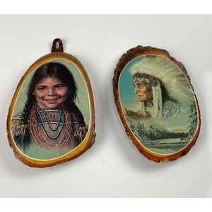 Vintage Bill Hampton Native American Prints on Wood - Pair of 2  5x7x1 CN0851